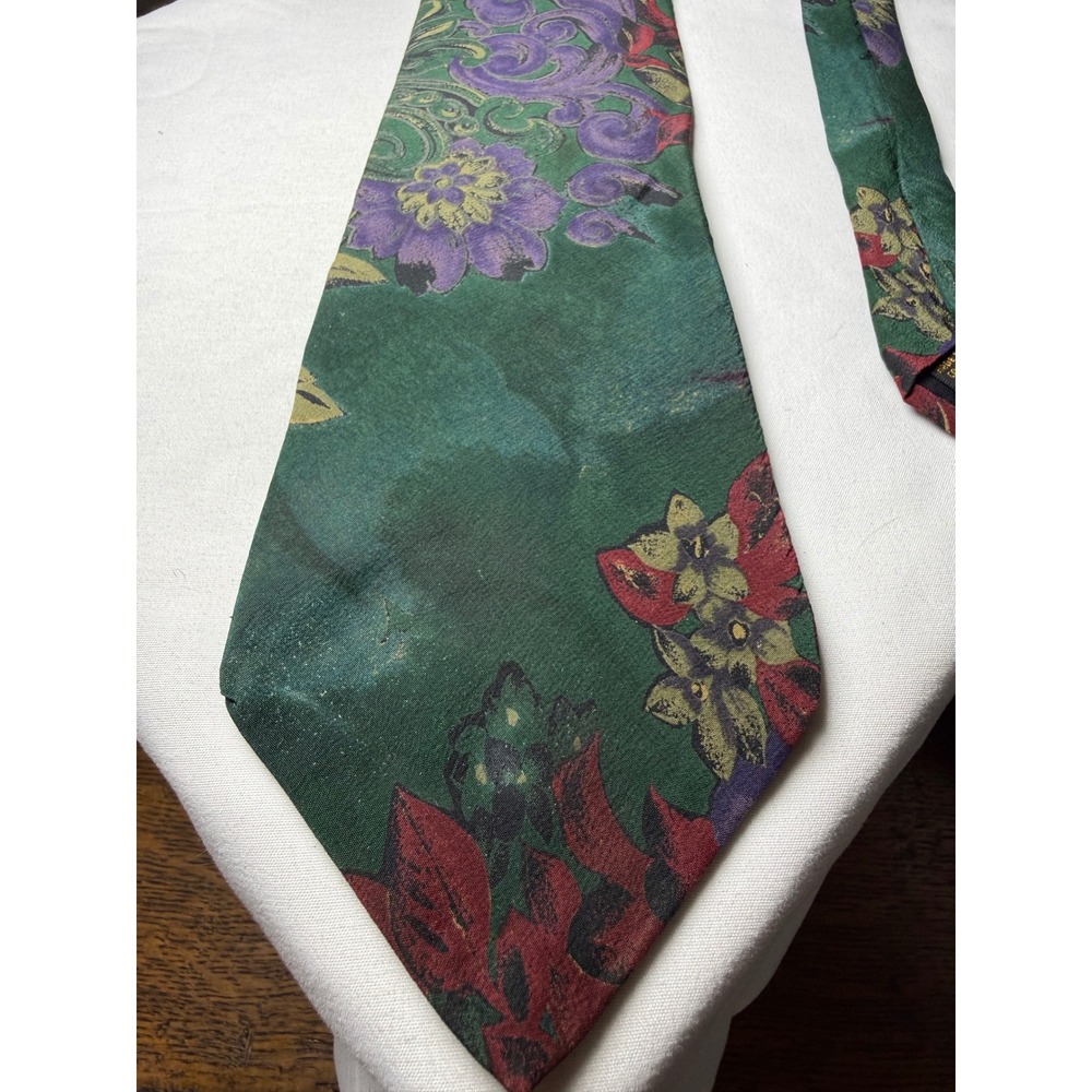 Bill Blass Silk Tie Men's Green Floral Scroll Pattern
